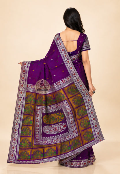 Rear view of masterpiece Bishnupur Baluchari Silk Saree displaying extraordinarily intricate handwoven pallu with highly detailed Mahabharata and Ramayana scenes rendered in pure silk thread