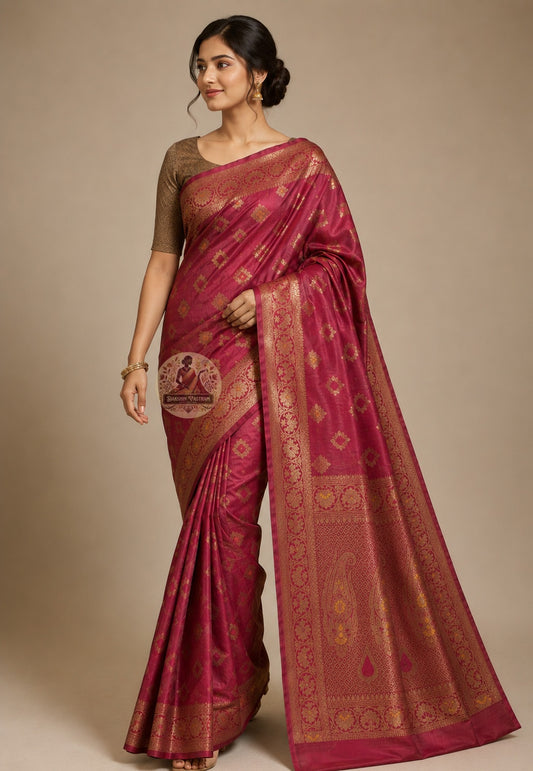 Front view of Banarasi Muga Tussar Saree draped on model in natural golden Muga silk with handwoven Banarasi zari border, styled for wedding and festive wear in India