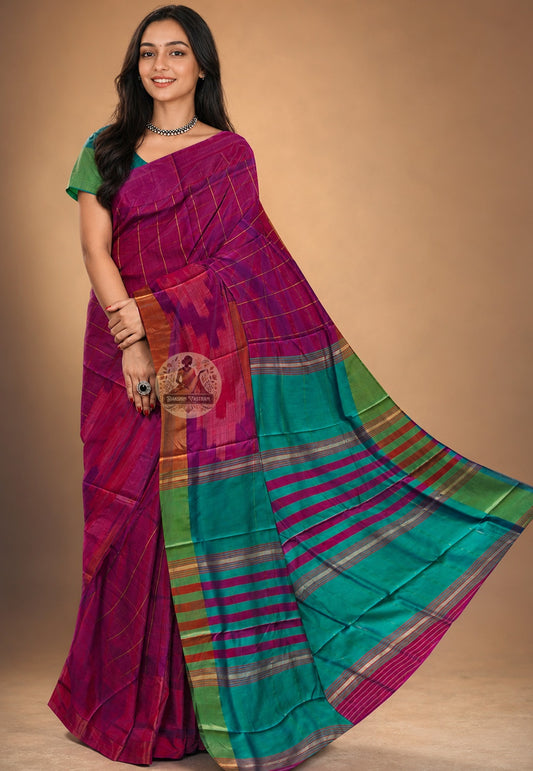 Front view of Bishnupur Pure Katan Silk Saree draped on model, showcasing handwoven Bengal heritage motifs and rich silk lustre