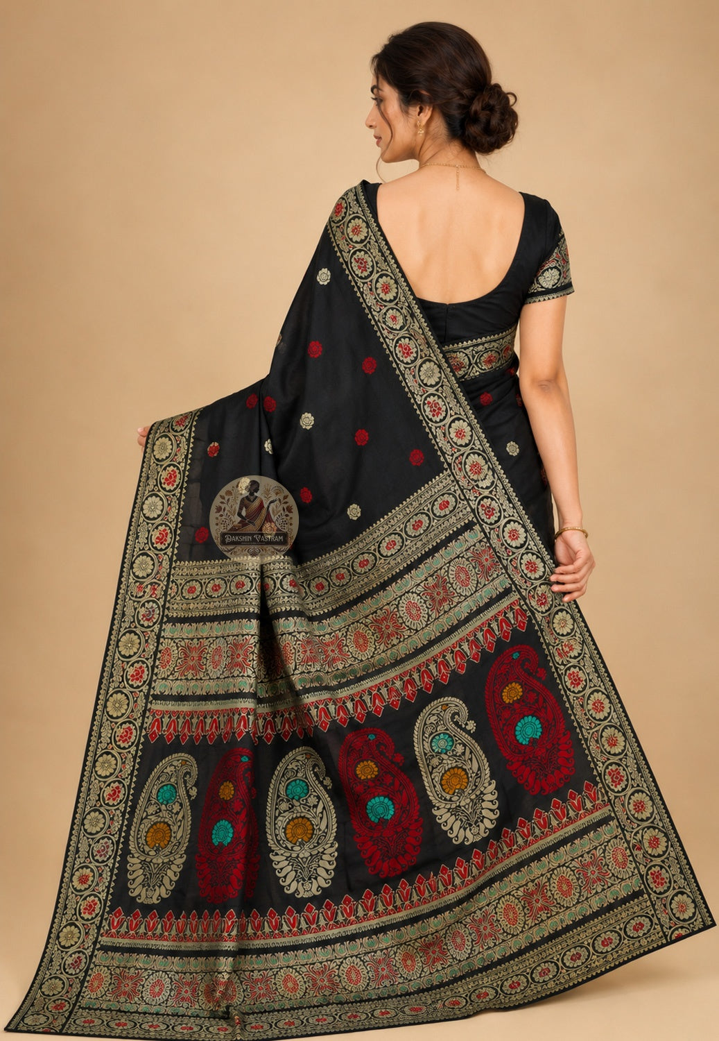Rear view of premium Bishnupur Baluchari Silk Saree displaying richly handwoven pallu with highly intricate mythological scenes from Mahabharata and Ramayana woven in pure silk thread