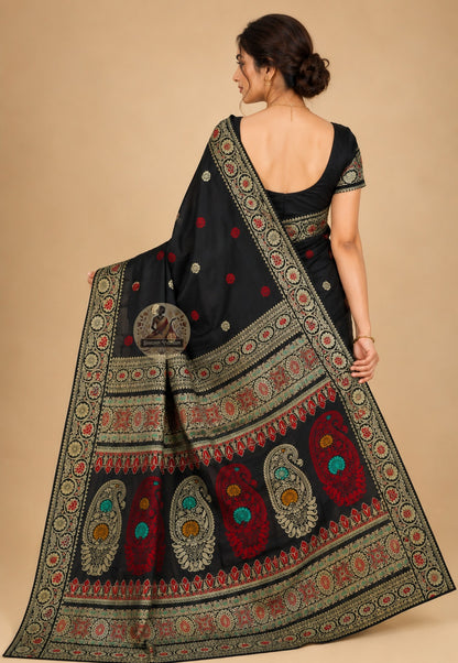 Rear view of premium Bishnupur Baluchari Silk Saree displaying richly handwoven pallu with highly intricate mythological scenes from Mahabharata and Ramayana woven in pure silk thread