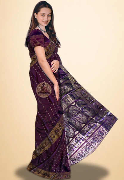 Handwoven Bengal Swarnachari saree in deep magenta purple with shimmering zari weave detailing