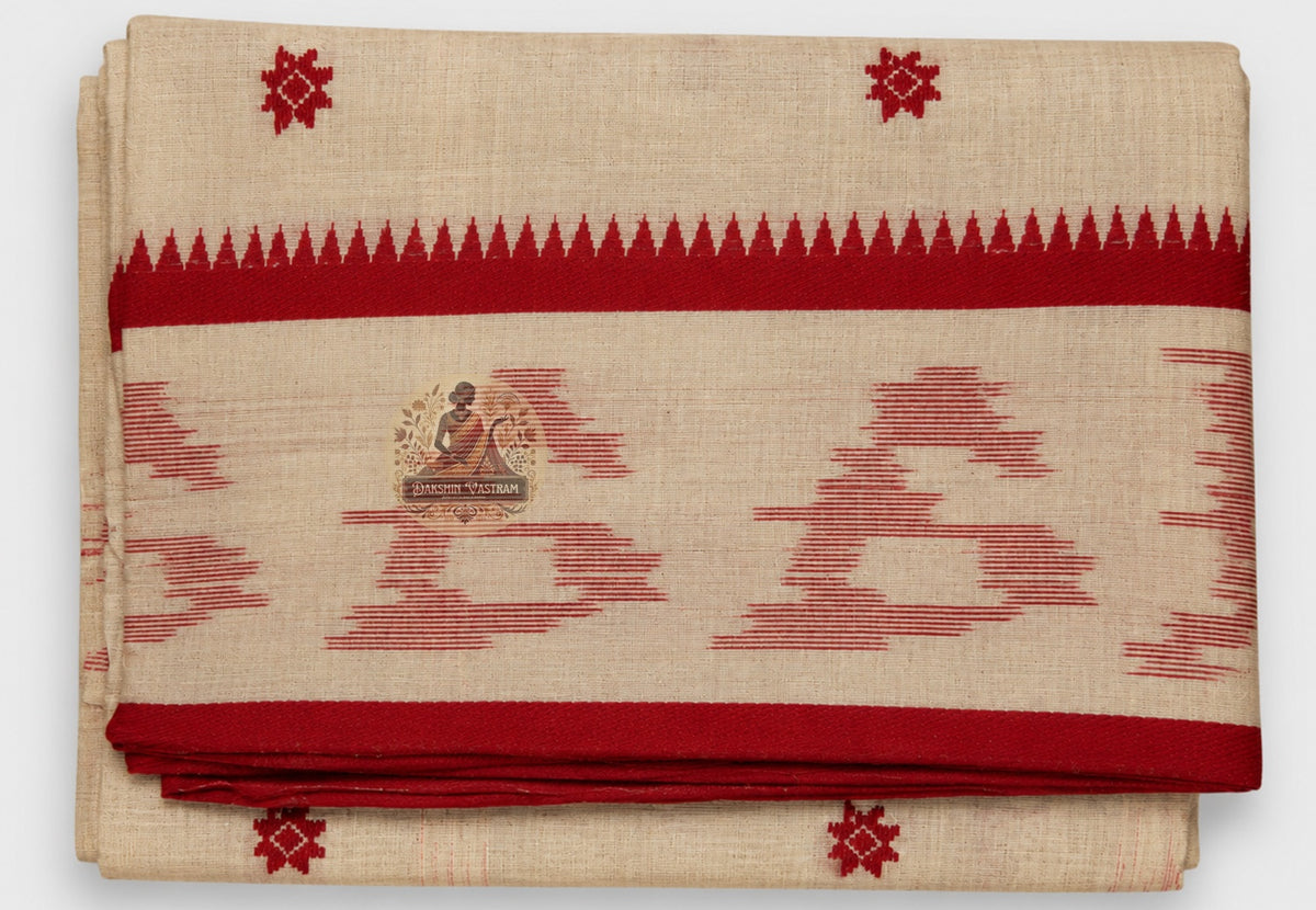 Full length view of ethical handloom pure cotton saree without blouse, displaying complete body, border, and pallu as a conscious slow fashion choice