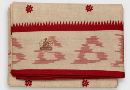 Full length view of ethical handloom pure cotton saree without blouse, displaying complete body, border, and pallu as a conscious slow fashion choice