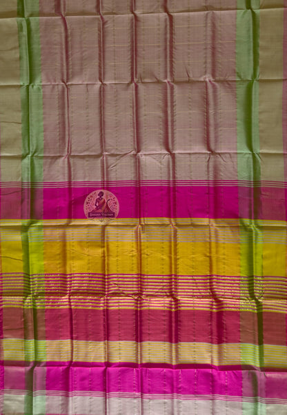 Full flat-lay of Bishnupur Pure Katan Silk Saree displaying the complete handloom weave, woven border and richly patterned pallu from Bishnupur, West Bengal