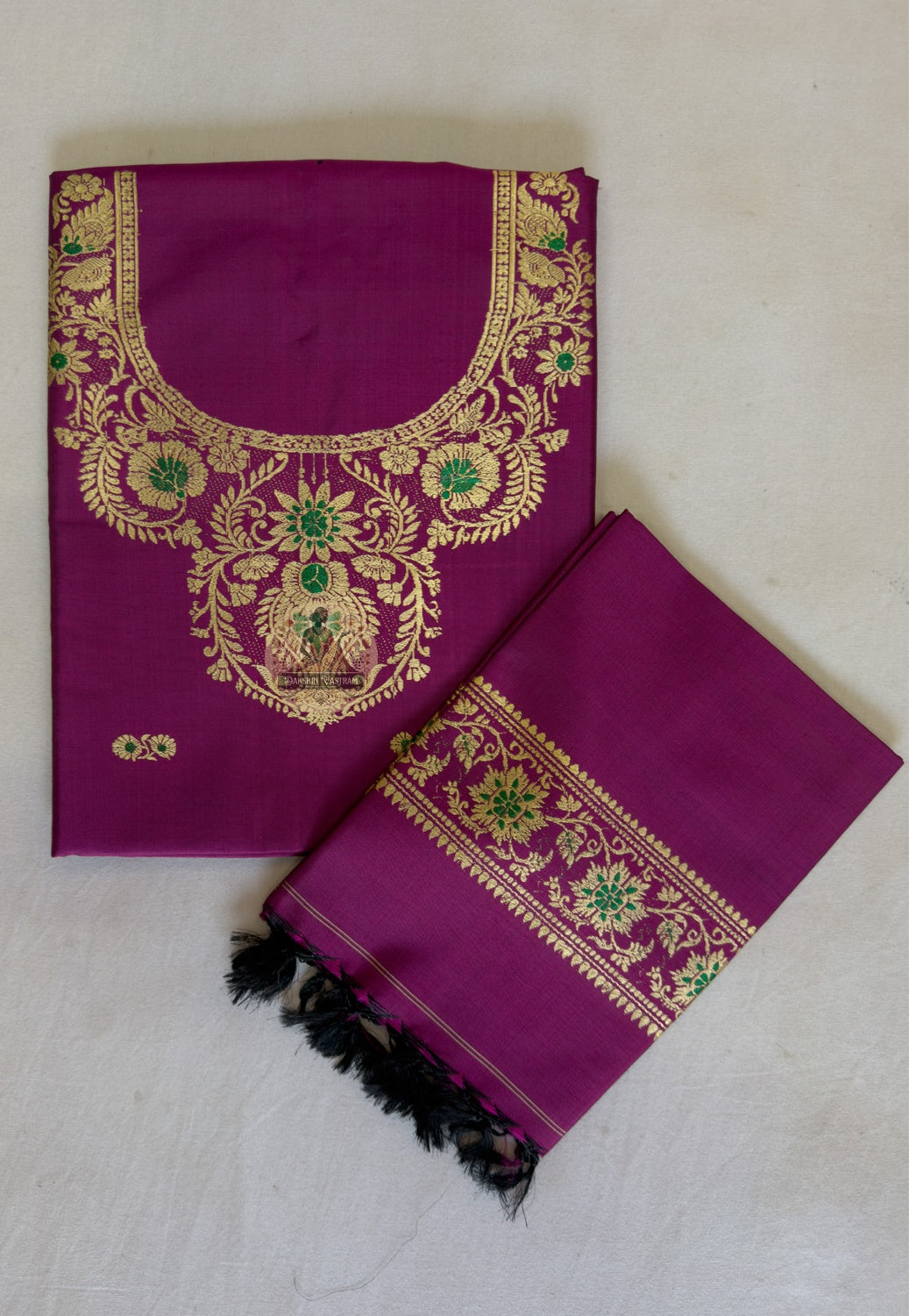 Resham woven neckline detail on magenta Baluchari Mulberry silk kurti fabric — heritage handloom Bishnupur