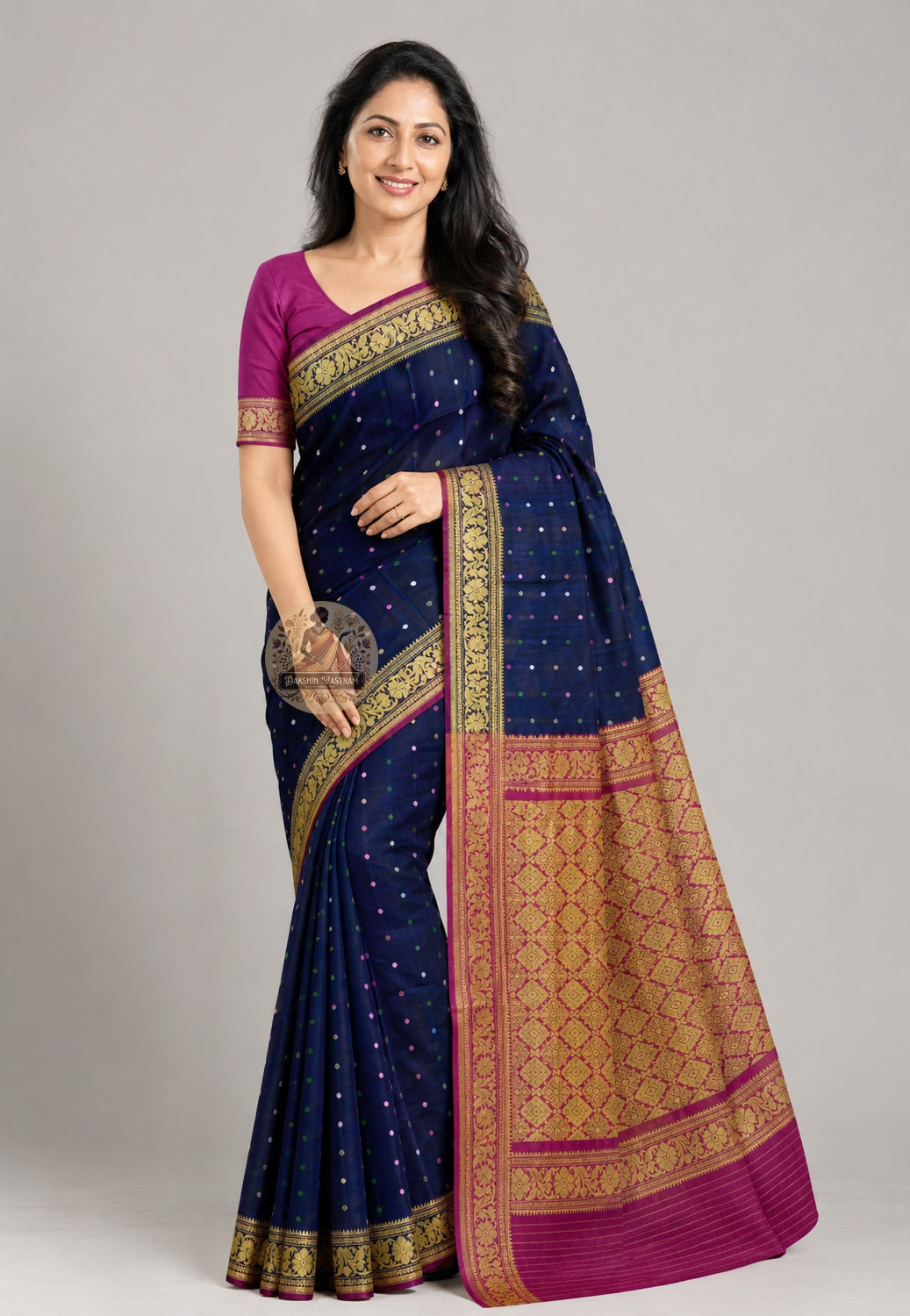 Bishnupuri pure katan silk saree front view – heirloom Bengal handloom drape making every woman feel she has arrived, luminous silk for weddings and Durga Puja