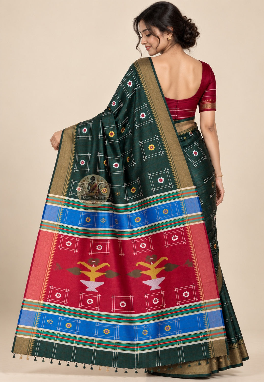 Side view of Bishnupur Katan silk cultural identity handloom saree displaying crisp pleat structure and quiet natural lustre of pure Katan silk