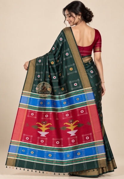 Side view of Bishnupur Katan silk cultural identity handloom saree displaying crisp pleat structure and quiet natural lustre of pure Katan silk