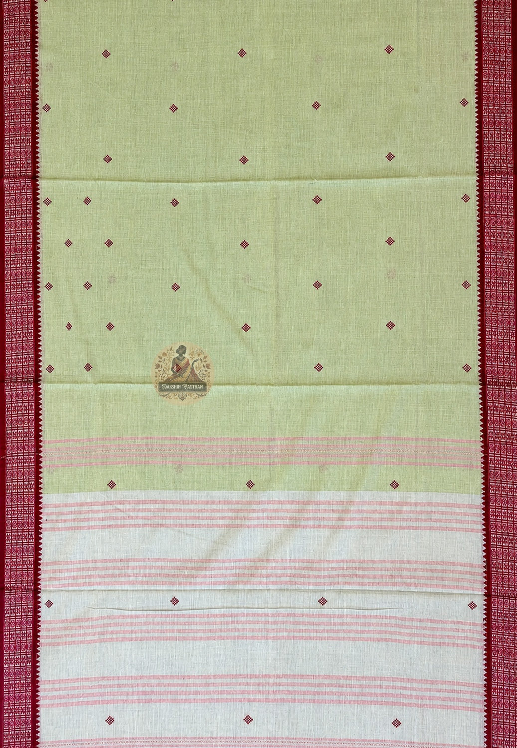 Rear view of pure cotton handloom saree highlighting the pallu and woven border, ideal for Rath Yatra and Durga Puja 2026 celebrations