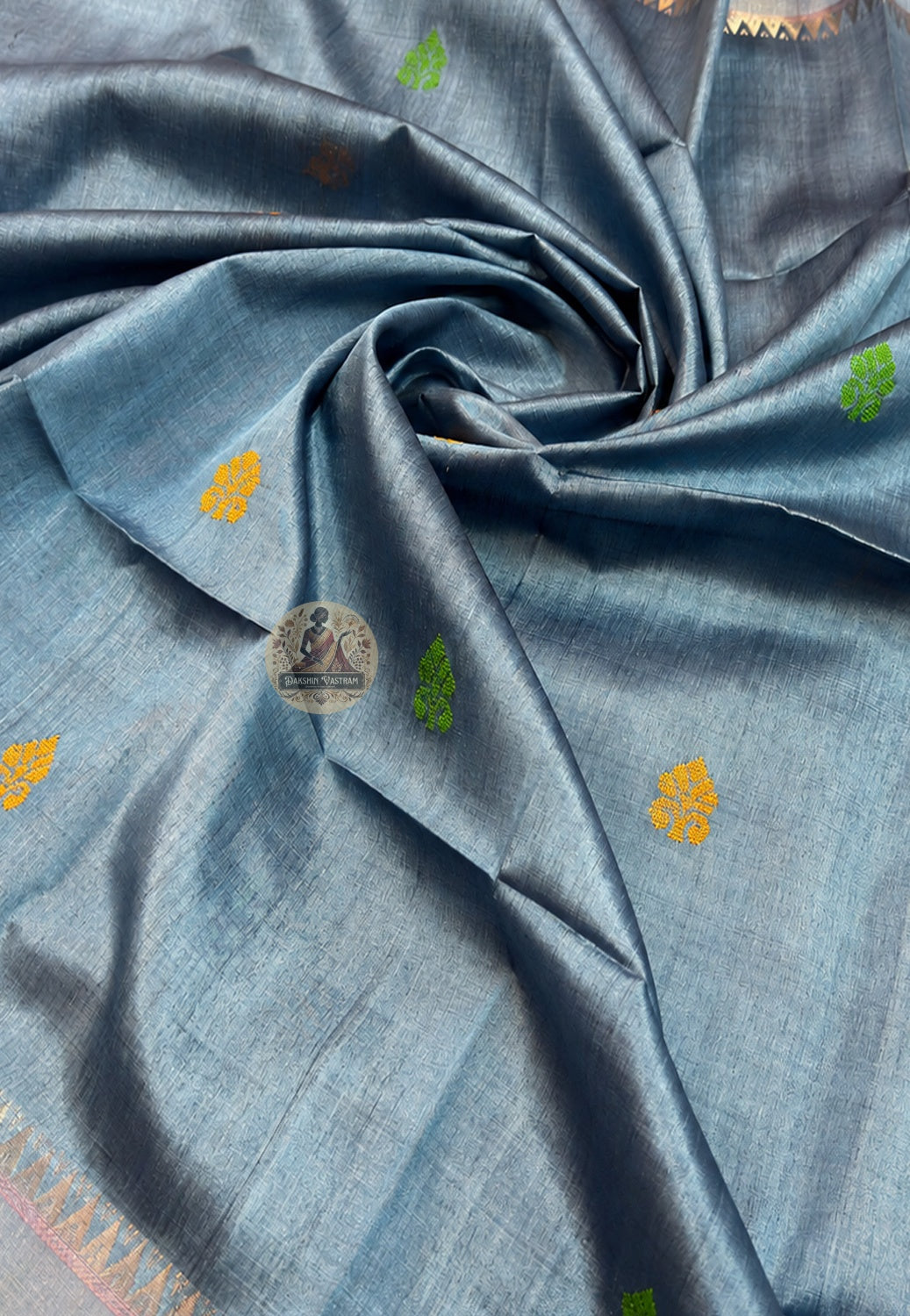 Close-up of handloom Bishnupur Katan silk saree showing tight even weave structure of pure Katan silk with characteristic natural lustre and weight, Bishnupur West Bengal handloom tradition