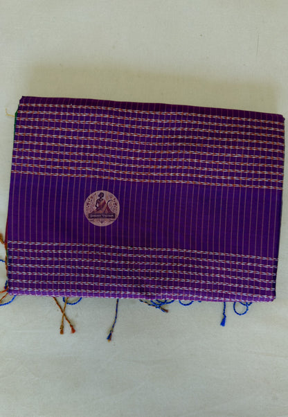 Folded Bishnupuri handwoven pure katan silk saree – rich natural silk lustre and traditional Bengal woven border, ethically sourced artisan saree by Dakshin Vastram