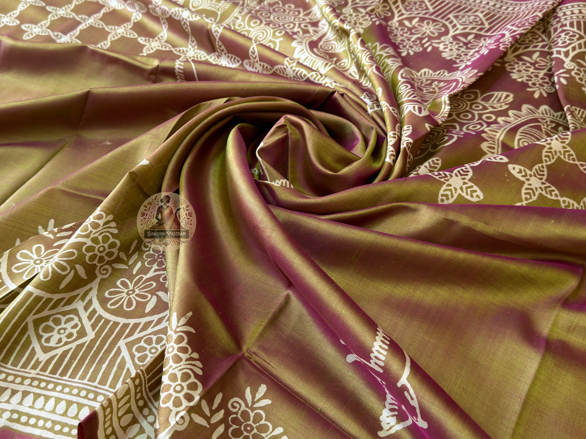 Close-up of Bishnupur hand block print silk saree – traditional Bankura folk art patterns pressed by artisan craftsmen, unique to every piece | Dakshin Vastram