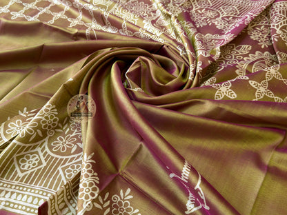 Close-up of Bishnupur hand block print silk saree – traditional Bankura folk art patterns pressed by artisan craftsmen, unique to every piece | Dakshin Vastram