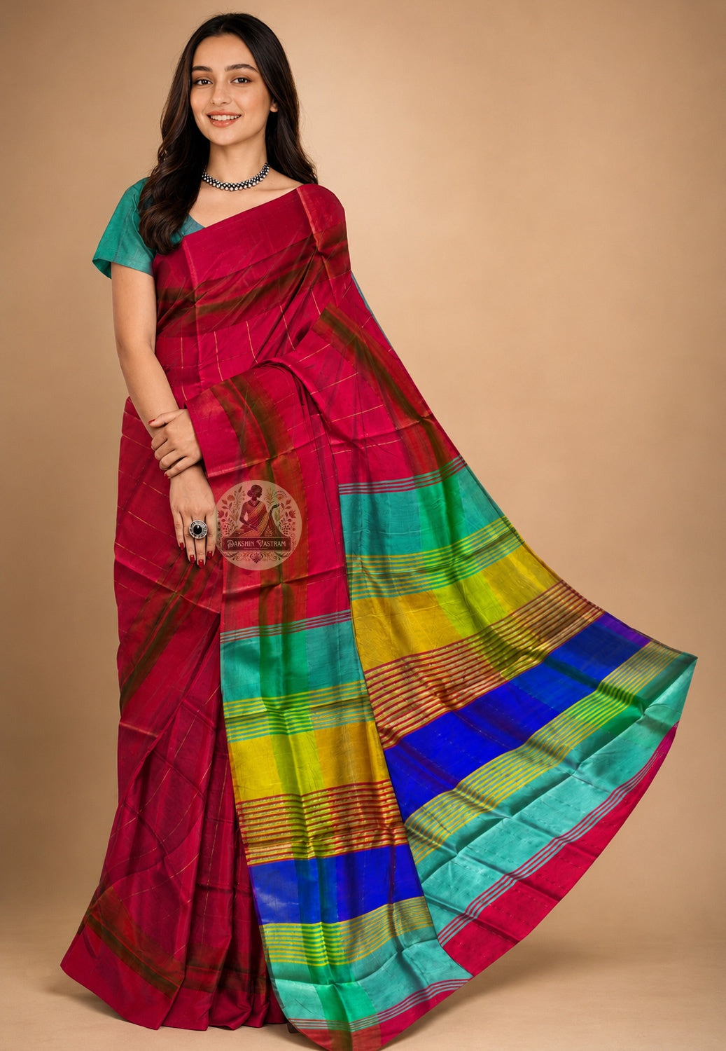 Front view of Bishnupur Pure Katan Silk Saree draped on model, showcasing handwoven Bengal heritage motifs and the deep, devotional sheen of pure mulberry silk