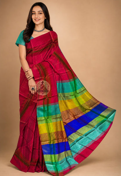 Front view of Bishnupur Pure Katan Silk Saree draped on model, showcasing handwoven Bengal heritage motifs and the deep, devotional sheen of pure mulberry silk