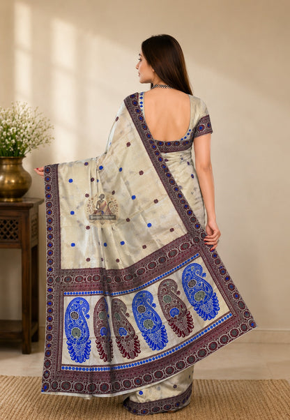 Rear view of rare Bishnupur Baluchari Silk Saree displaying the most intricate handwoven mythological pallu with deeply layered Mahabharata and Ramayana narrative scenes rendered in pure silk thread at the highest level of craft
