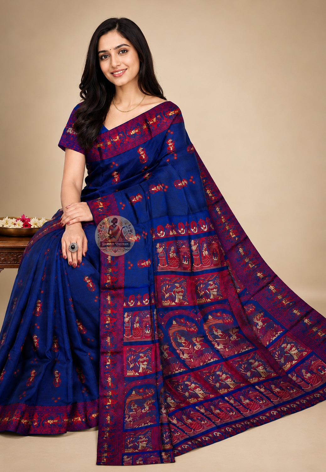Rear view of Baluchari Silk Saree displaying richly handwoven pallu with scenes from Indian mythology — Mahabharata and Ramayana motifs woven in silk on traditional Bengal loom