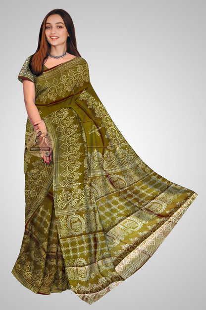 Buy Pure Bishnupur Silk Block Print Saree online – Front view of Mulberry silk saree