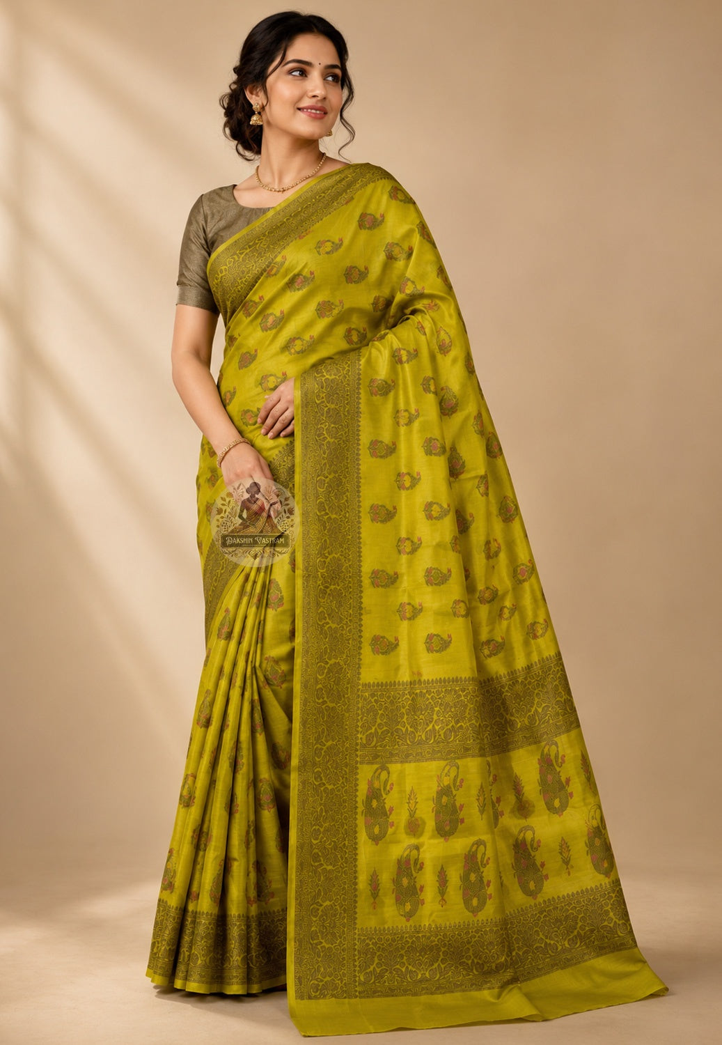 Front view of Banarasi Muga Tussar Saree in naturally golden Muga silk with intricate Banarasi zari border, draped for wedding and festive celebrations across India