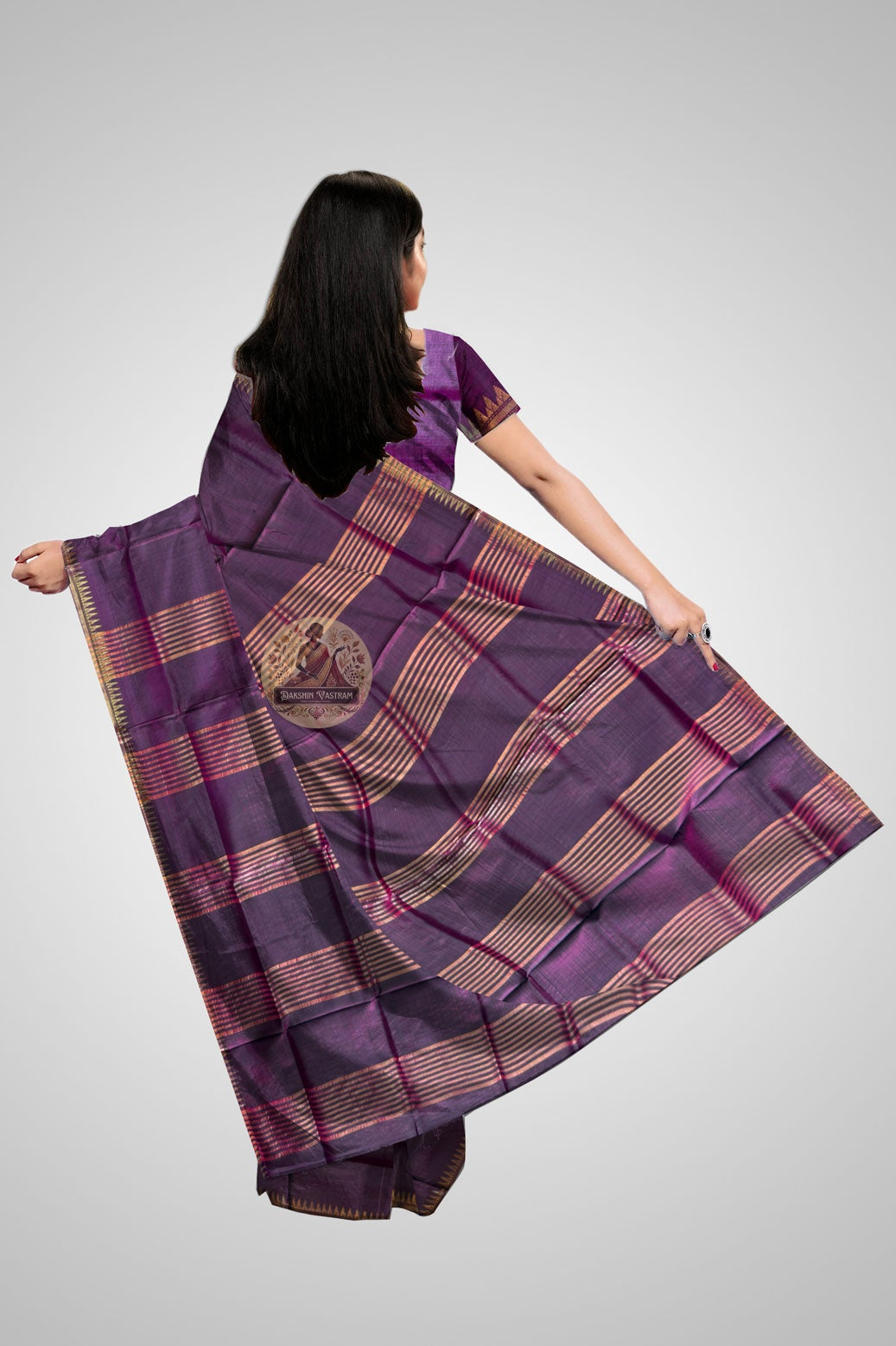 Buy Handloom Katan Silk Saree – rear angle with elegant fall