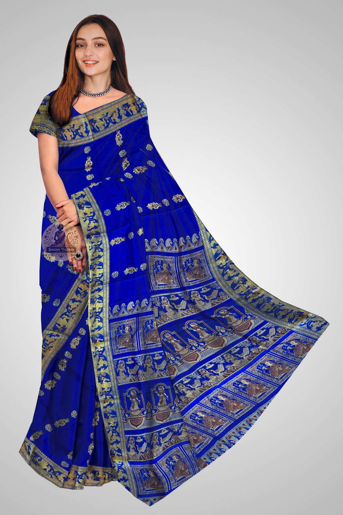 Buy Baluchari Pure Silk Saree online – Front view showcasing mythological pallu