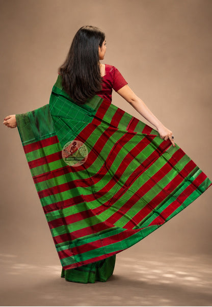Rear view of handwoven Bishnupur Katan Silk Saree displaying the richly woven pallu with traditional Bengal folk and temple-inspired motifs in pure silk