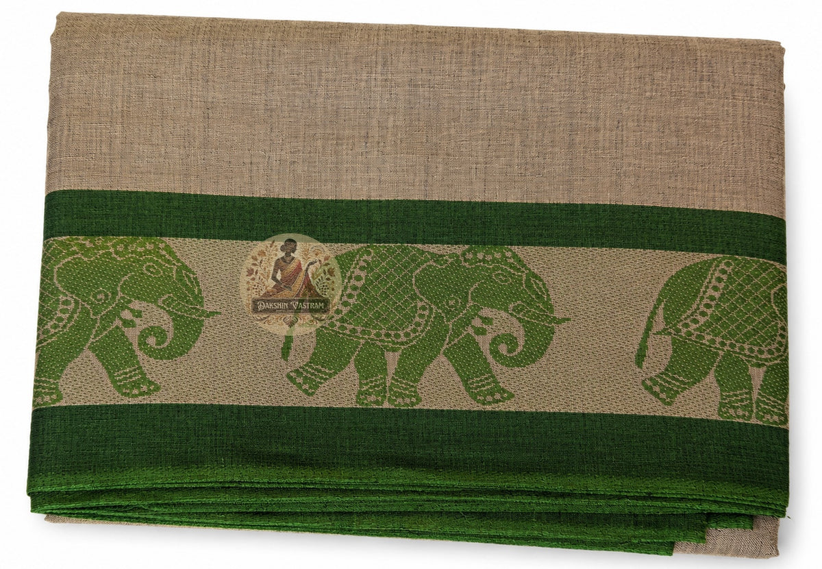 Full length view of pure cotton handloom saree without blouse, displaying complete body, border, and pallu as a thoughtful gifting saree for every occasion