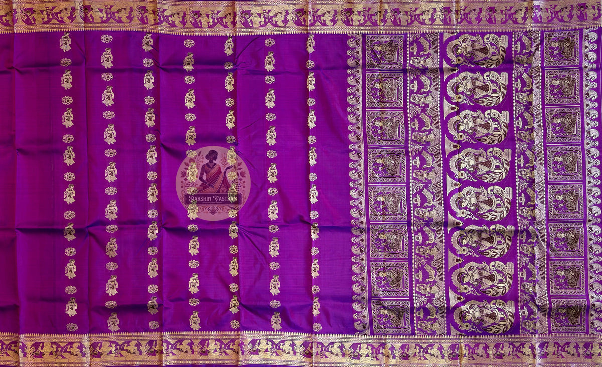 Lustrous Baluchari silk saree in slate violet with figurative weave panels and heritage Bishnupur craftsmanship