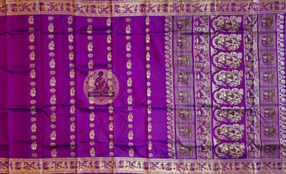 Lustrous Baluchari silk saree in slate violet with figurative weave panels and heritage Bishnupur craftsmanship