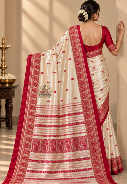 Rear view of Bishnupur Garad versatile ivory silk saree showcasing traditional Bengal woven pallu and border on natural undyed pure mulberry silk