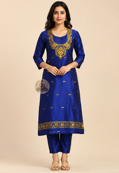 Handloom Baluchari silk unstitched kurti piece in Royal Blue with Resham woven neckline motifs – Dakshin Vastram
