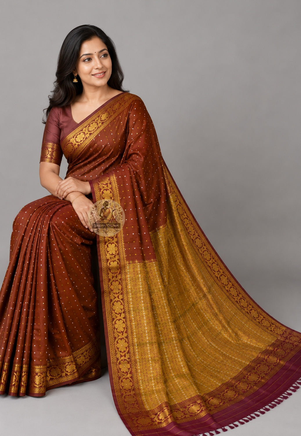 Rear view of Bishnupuri handwoven katan silk saree – elegant back drape carrying Bengal's three-century weaving heritage, traditional woven border for bridal and festive occasions