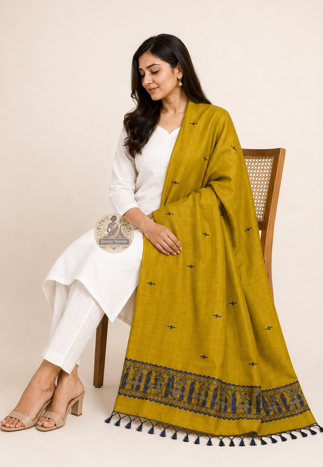 Relaxed drape view of handwoven Baluchari silk stole in turmeric yellow – pure silk with woven buti motifs and deep indigo border, perfect for Puja and festive occasions