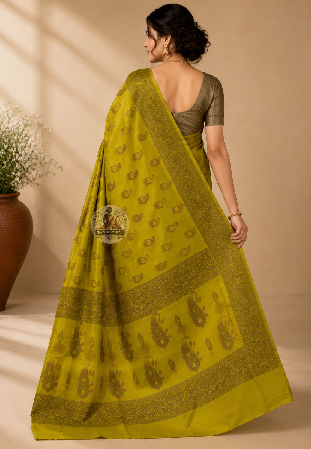Rear view of Banarasi Muga Tussar Saree with ornate handwoven zari pallu featuring traditional paisley and floral jaal motifs in gold thread