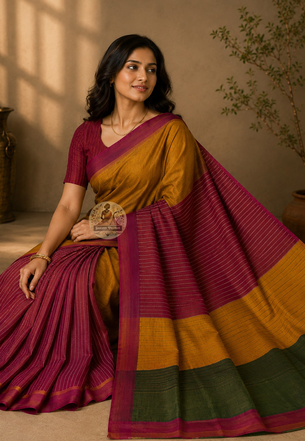 Side view of Bishnupur Katan Silk Saree showing the authoritative drape and natural sheen of pure handwoven silk with traditional Bengali temple motifs along the border