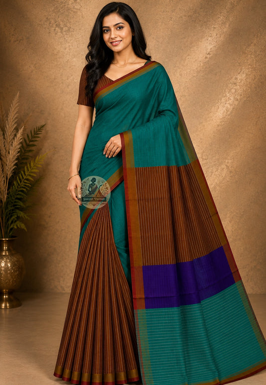 Front view of Bishnupur Pure Katan Silk Saree draped on model, showcasing the handwoven traditional Bengali motifs and the structured luminous drape of pure Katan silk — a saree made for moments worth remembering