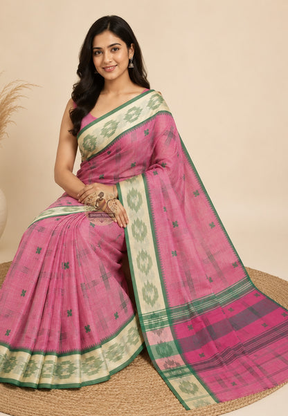 Rear view of pure cotton handloom saree highlighting the pallu and woven border, a stylish choice for college annual day and cultural fest occasions