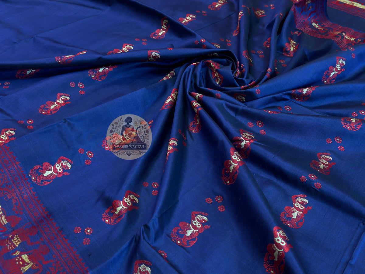 Heritage Baluchari saree in olive green with Mughal-era storytelling panels and contrasting ivory border