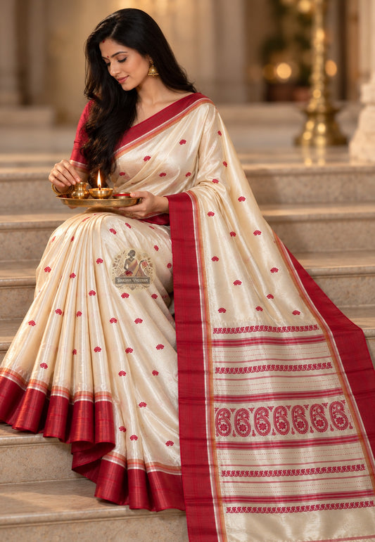 Front view of Bishnupur Garad pure silk saree in sacred ivory, handwoven from natural mulberry silk for Bengali puja and wedding occasions