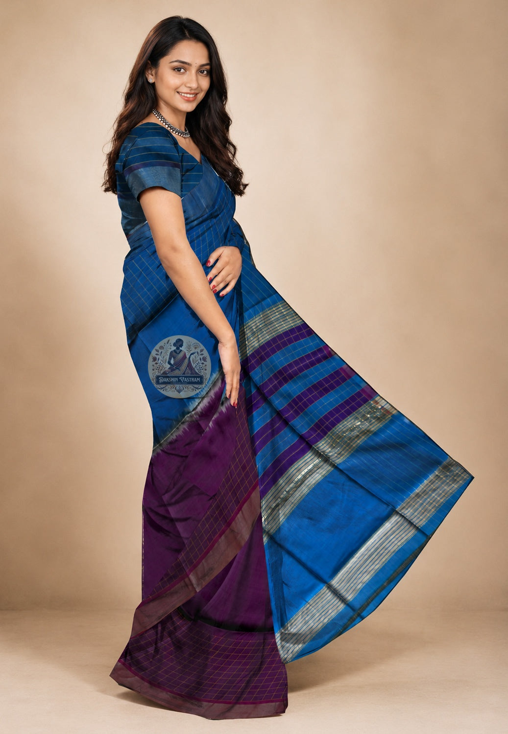 Side view of Bishnupur Katan Silk Saree showing the joyful fall and elegant drape, perfect for Durga Puja, Bengali weddings and festive celebrations across India