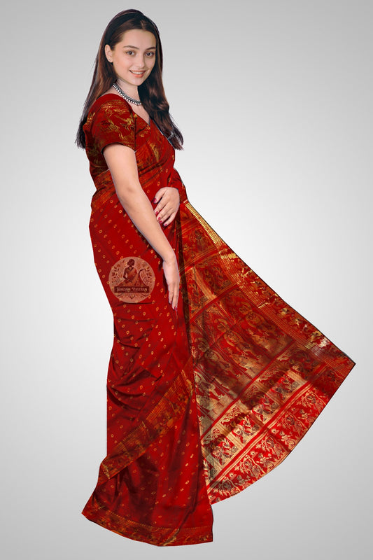 Authentic Swarnachari Silk Saree with mythological golden motifs – shop online, delivered to Kolkata and Chennai