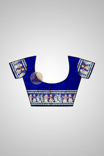 Matching blouse piece of Bishnupur Baluchari Silk Saree in pure silk with handwoven Baluchari border motifs inspired by terracotta temple art, included with the saree