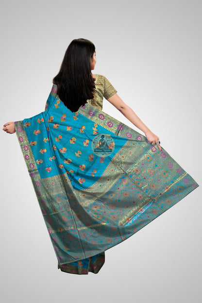 Authentic Muga Saree online – Rear view of royal silk drape