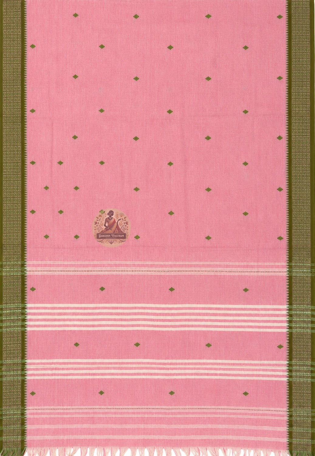 Rear view of handwoven cotton saree highlighting the pallu pattern and natural weave texture