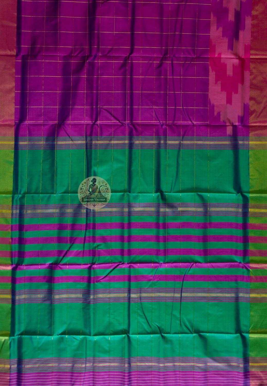 Full flat-lay of Bishnupur Pure Katan Silk Saree displaying the complete handloom weave, woven border and richly patterned pallu — handwoven in Bishnupur, rooted in Bengal