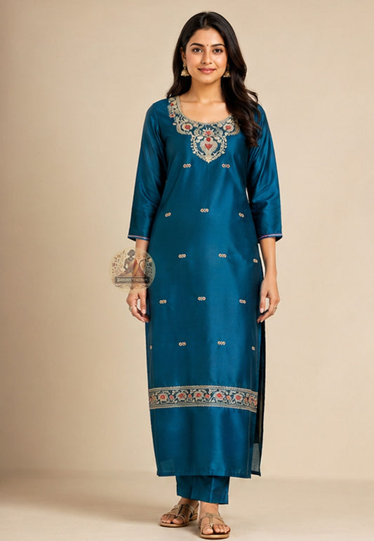 Peacock Green Baluchari Silk unstitched kurti fabric with Resham embroidery, handwoven in Bishnupur West Bengal – Dakshin Vastram