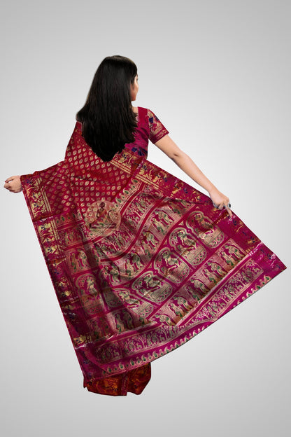 Intricate Swarnachari zari border with Puranic motifs – handloom pure silk saree UK