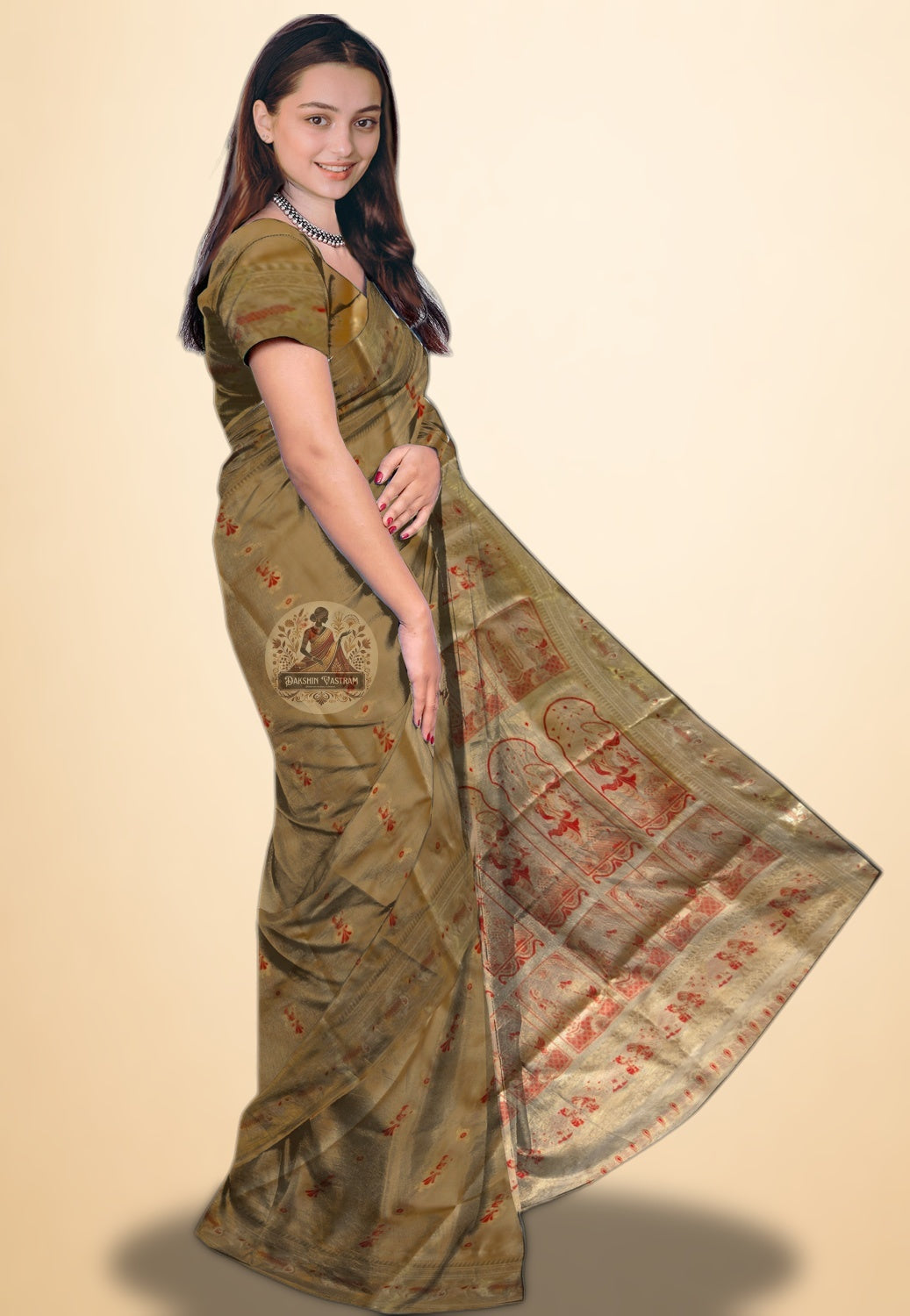 Close-up of Swarnachari zari weave detailing on Bengal handloom silk saree