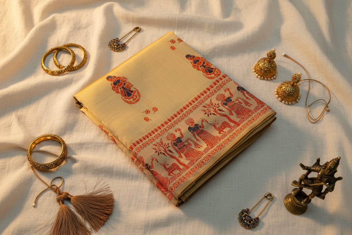 Buy Luxury Handloom Baluchari Saree – Full-body view with vibrant zari patterns